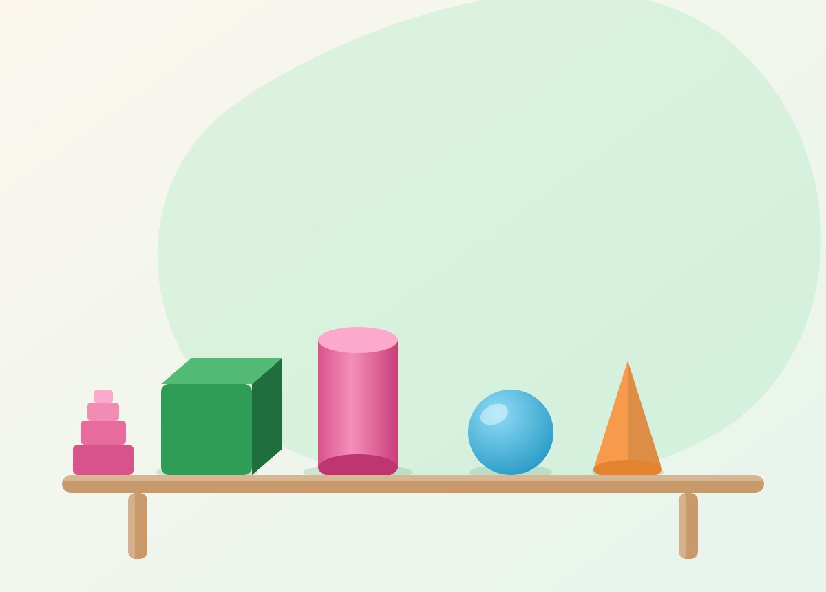 Solides geometriques Montessori poses sur une etagere en bois